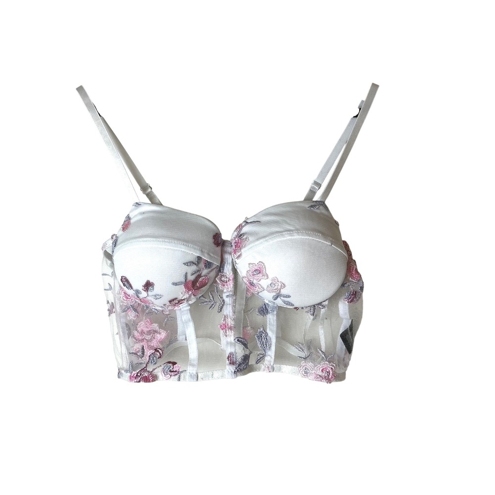 Floral Embroidered Sheer Bustier Corset Crop Top Festival Party‎ White